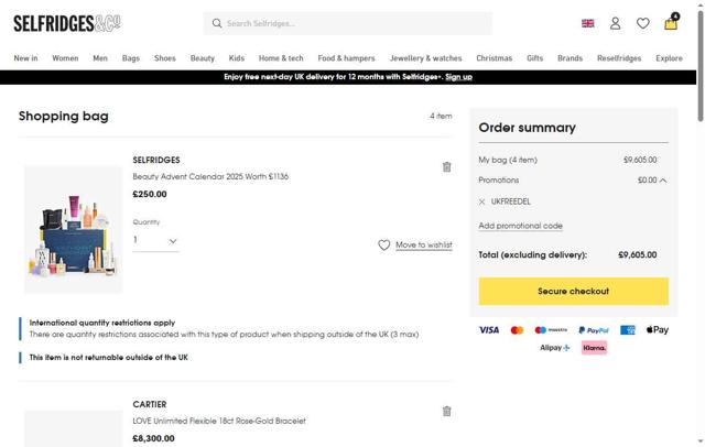 Selfridges checkout page showing Selfridges promo code box | Screenshot taken by SimplyCodes community member on Oct 2, 2025
