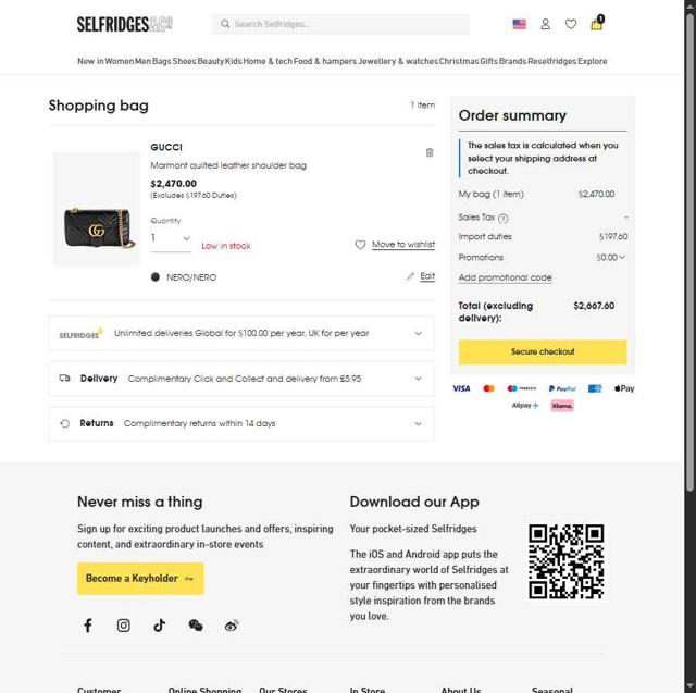Selfridges checkout page showing Selfridges promo code box | Screenshot taken by SimplyCodes community member on Sep 27, 2025