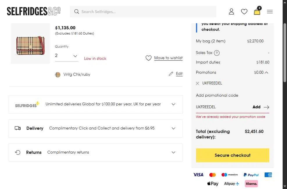 Selfridges checkout page showing Selfridges promo code box | Screenshot taken by SimplyCodes community member on Feb 25, 2026
