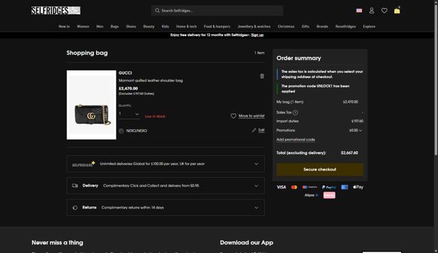 Selfridges checkout page showing Selfridges promo code box | Screenshot taken by SimplyCodes community member on Sep 23, 2025
