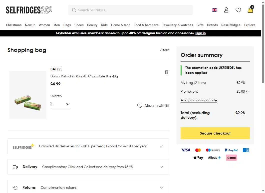 Selfridges checkout page showing Selfridges promo code box | Screenshot taken by SimplyCodes community member on Dec 4, 2025
