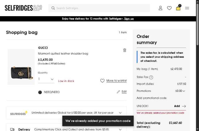 Selfridges checkout page showing Selfridges promo code box | Screenshot taken by SimplyCodes community member on Sep 16, 2025