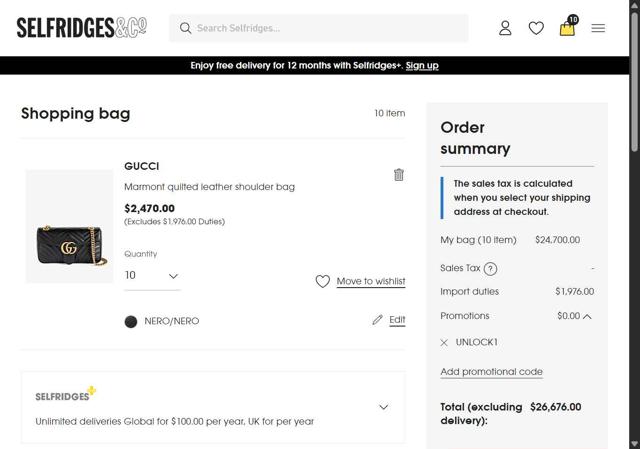 Selfridges checkout page showing Selfridges promo code box | Screenshot taken by SimplyCodes community member on Sep 10, 2025