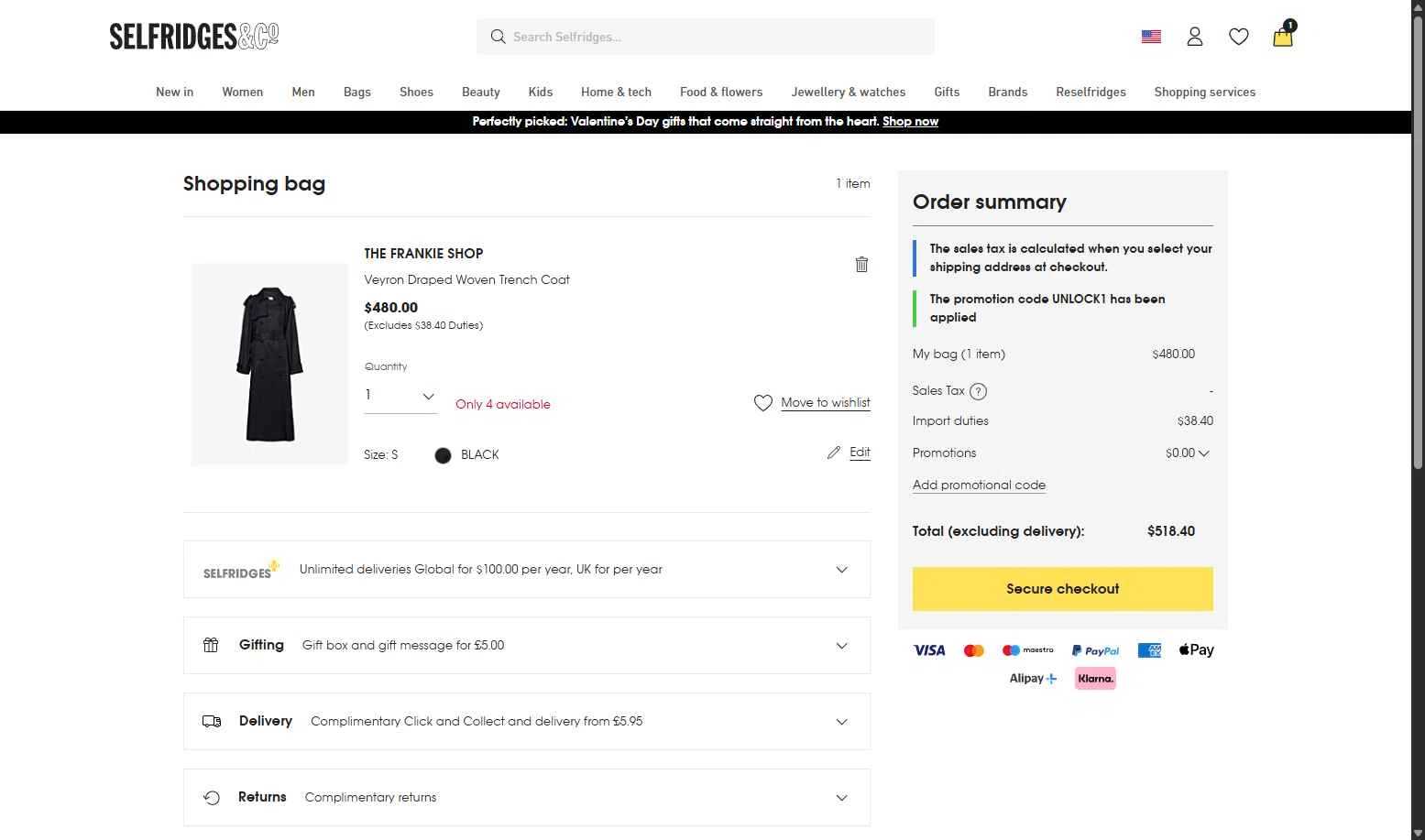 Selfridges checkout page showing Selfridges promo code box | Screenshot taken by SimplyCodes community member on Feb 8, 2026