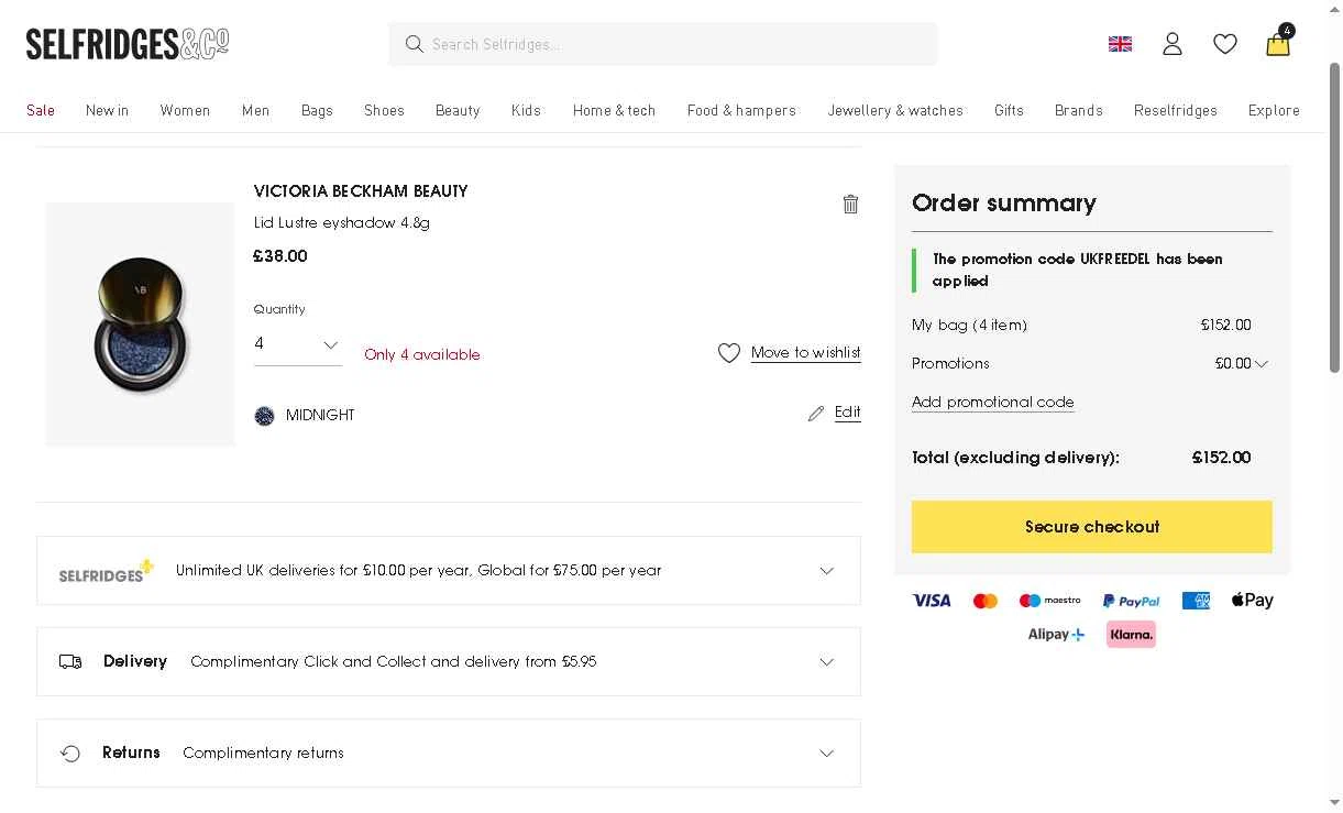 Selfridges checkout page showing Selfridges promo code box | Screenshot taken by SimplyCodes community member on Jan 4, 2026