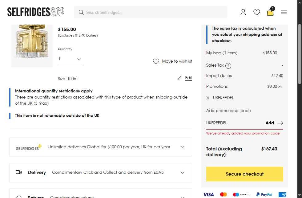 Selfridges checkout page showing Selfridges promo code box | Screenshot taken by SimplyCodes community member on Feb 25, 2026
