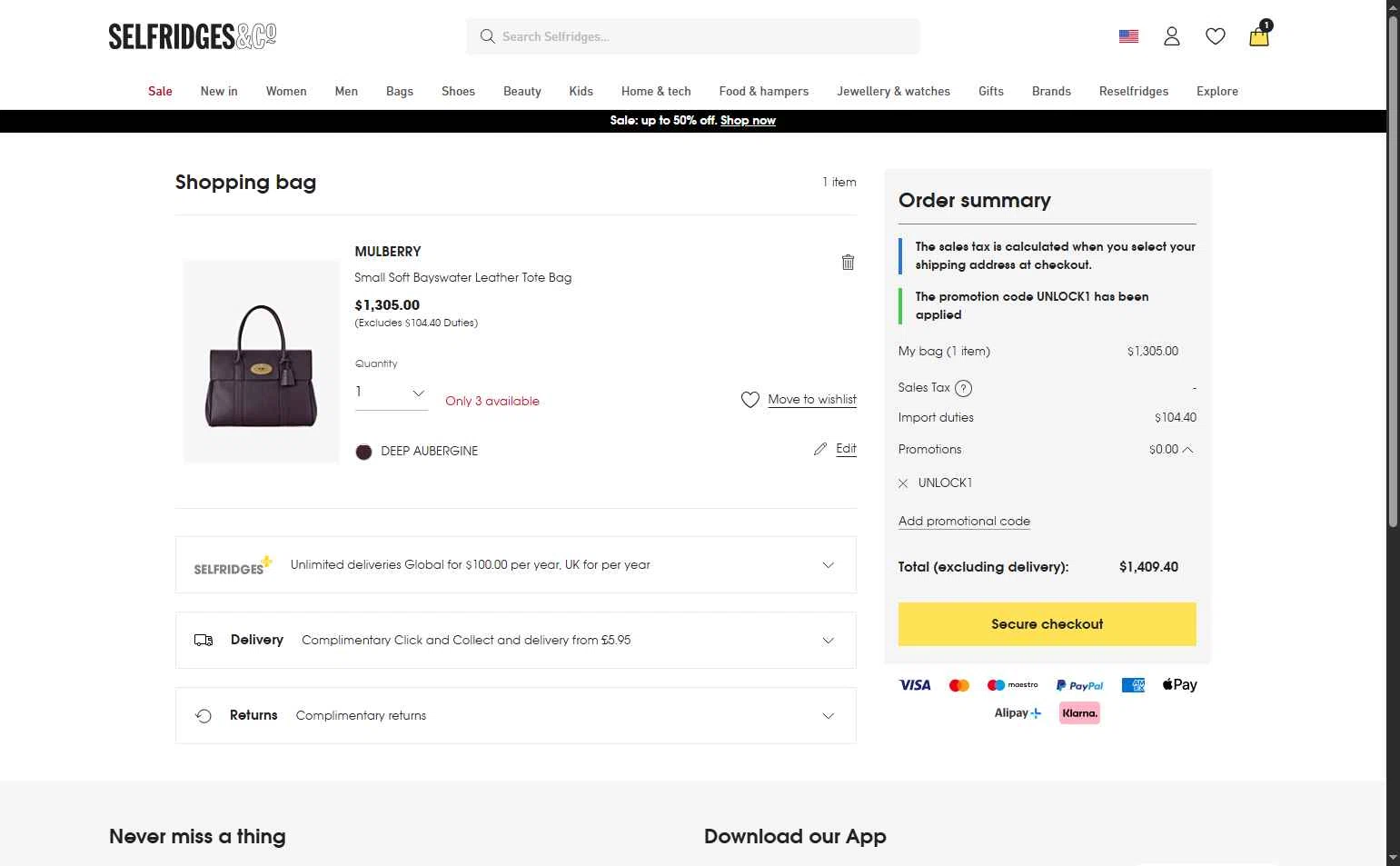 Selfridges checkout page showing Selfridges promo code box | Screenshot taken by SimplyCodes community member on Dec 31, 2025