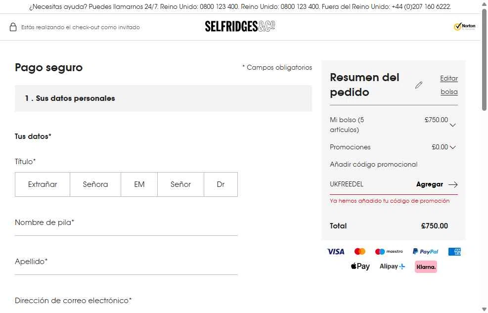Selfridges checkout page showing Selfridges promo code box | Screenshot taken by SimplyCodes community member on Dec 13, 2025