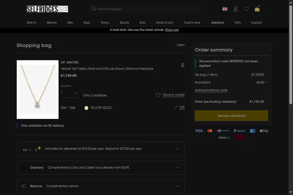 Selfridges checkout page showing Selfridges promo code box | Screenshot taken by SimplyCodes community member on Jan 15, 2026