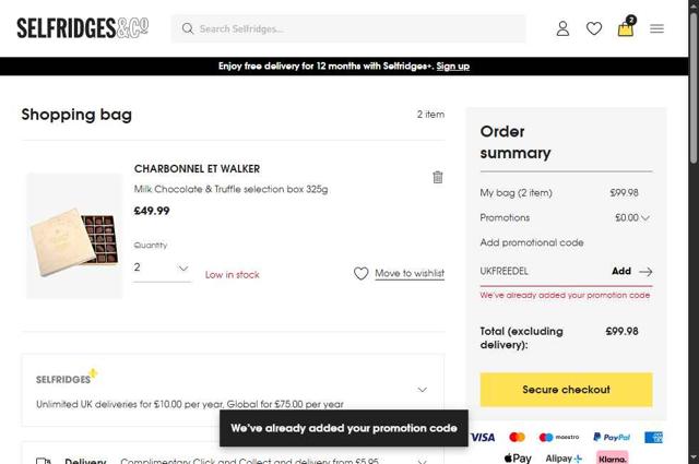 Selfridges checkout page showing Selfridges promo code box | Screenshot taken by SimplyCodes community member on Aug 18, 2025