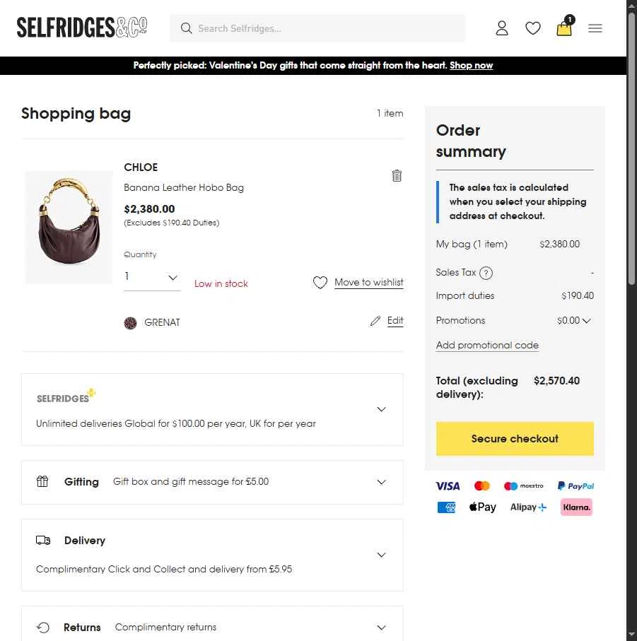 Selfridges checkout page showing Selfridges promo code box | Screenshot taken by SimplyCodes community member on Feb 6, 2026