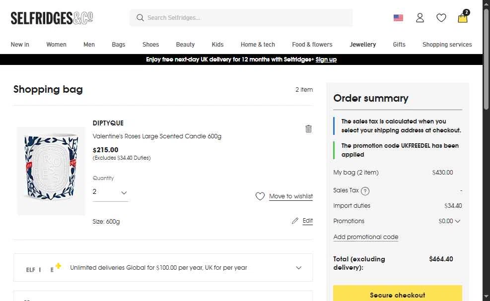 Selfridges checkout page showing Selfridges promo code box | Screenshot taken by SimplyCodes community member on Jan 26, 2026