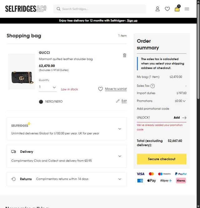 Selfridges checkout page showing Selfridges promo code box | Screenshot taken by SimplyCodes community member on Sep 27, 2025
