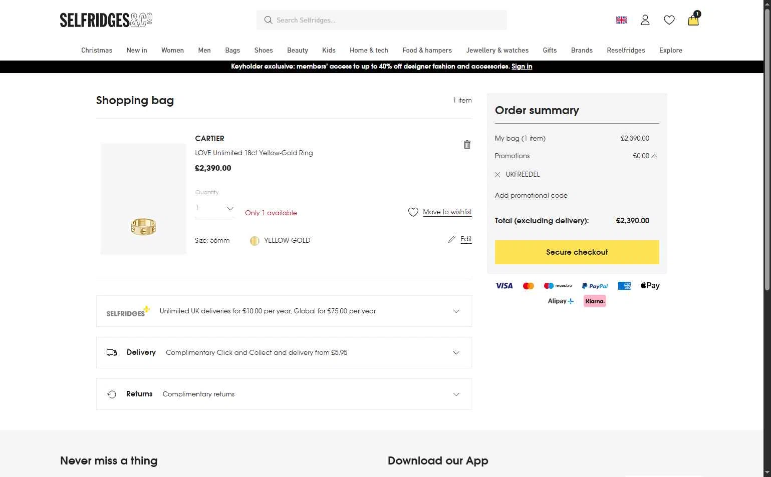 Selfridges checkout page showing Selfridges promo code box | Screenshot taken by SimplyCodes community member on Dec 7, 2025
