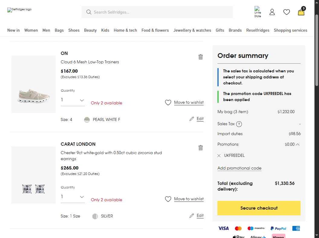 Selfridges checkout page showing Selfridges promo code box | Screenshot taken by SimplyCodes community member on Feb 2, 2026