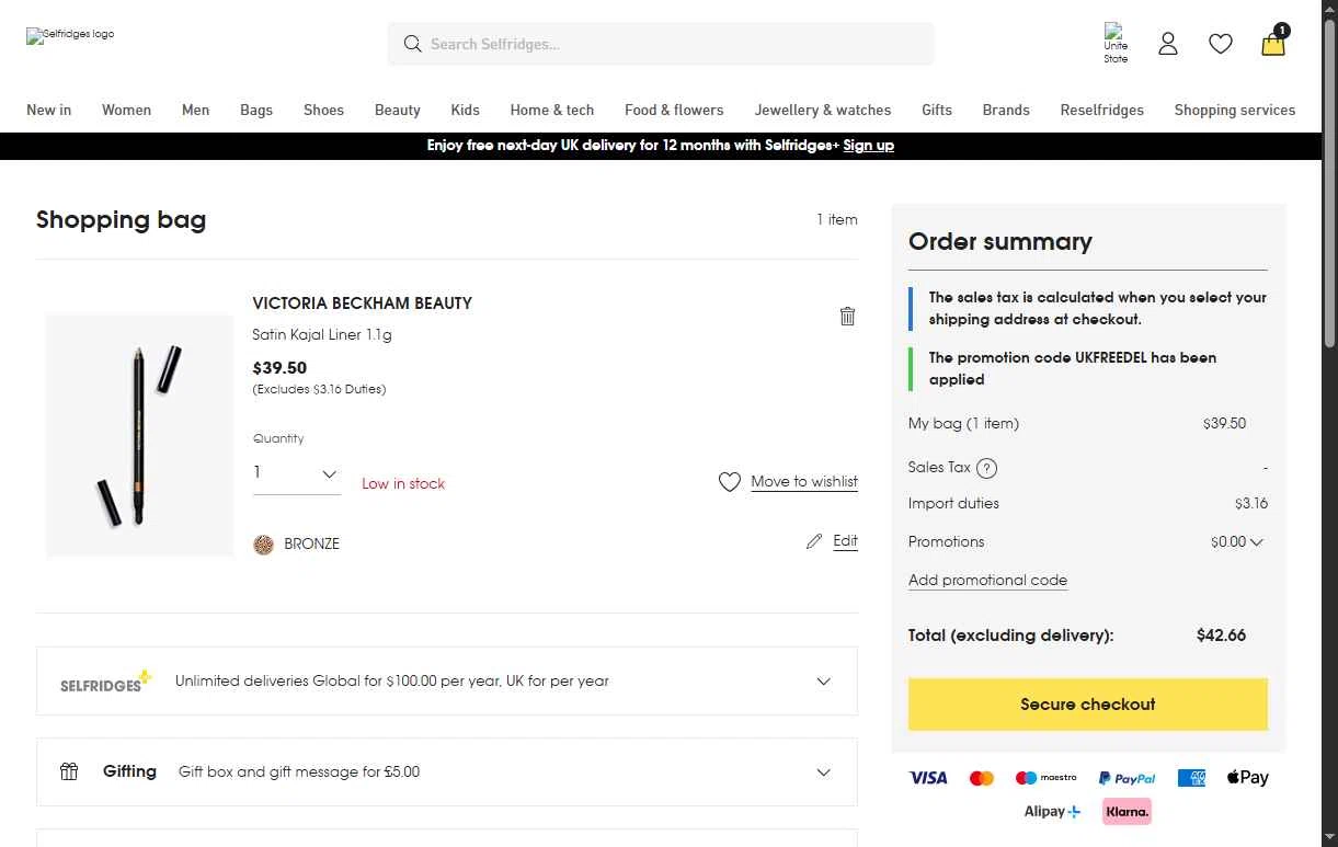 Selfridges checkout page showing Selfridges promo code box | Screenshot taken by SimplyCodes community member on Feb 8, 2026