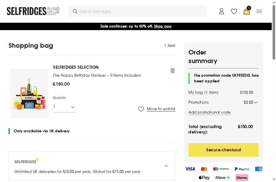 Selfridges checkout page showing Selfridges promo code box | Screenshot taken by SimplyCodes community member on Jan 11, 2026