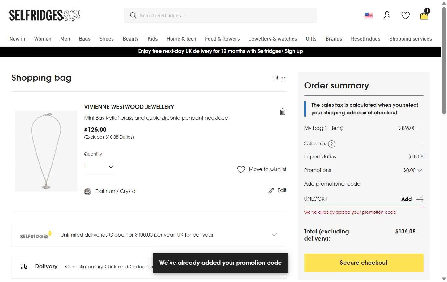 Selfridges checkout page showing Selfridges promo code box | Screenshot taken by SimplyCodes community member on Feb 22, 2026