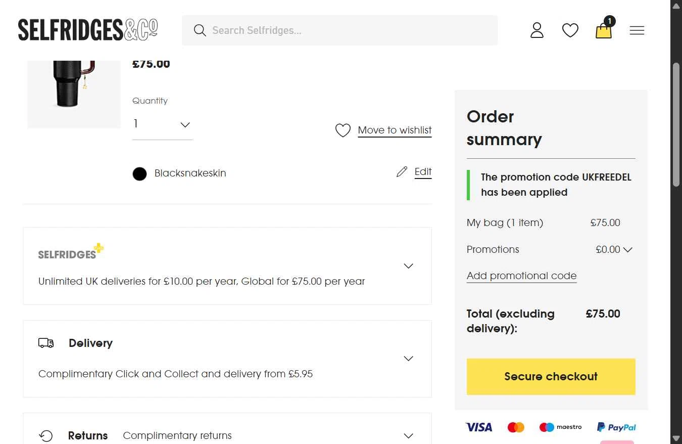 Selfridges checkout page showing Selfridges promo code box | Screenshot taken by SimplyCodes community member on Dec 13, 2025