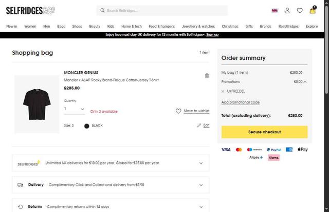 Selfridges checkout page showing Selfridges promo code box | Screenshot taken by SimplyCodes community member on Sep 23, 2025