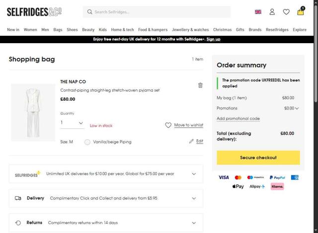 Selfridges checkout page showing Selfridges promo code box | Screenshot taken by SimplyCodes community member on Oct 2, 2025