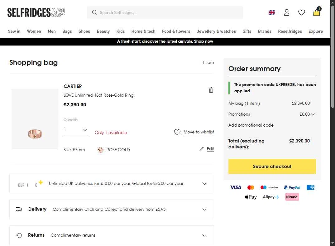 Selfridges checkout page showing Selfridges promo code box | Screenshot taken by SimplyCodes community member on Jan 18, 2026