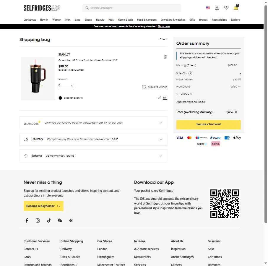 Selfridges checkout page showing Selfridges promo code box | Screenshot taken by SimplyCodes community member on Dec 19, 2025