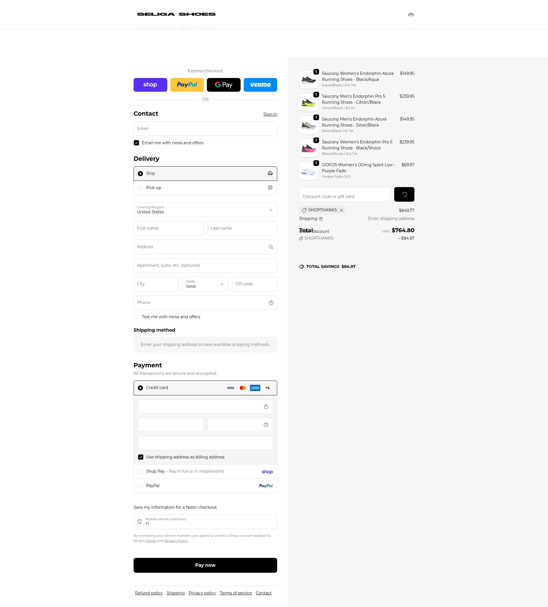 Seliga Shoes checkout page showing Seliga Shoes coupon code box | Screenshot taken by SimplyCodes community member on Feb 18, 2026