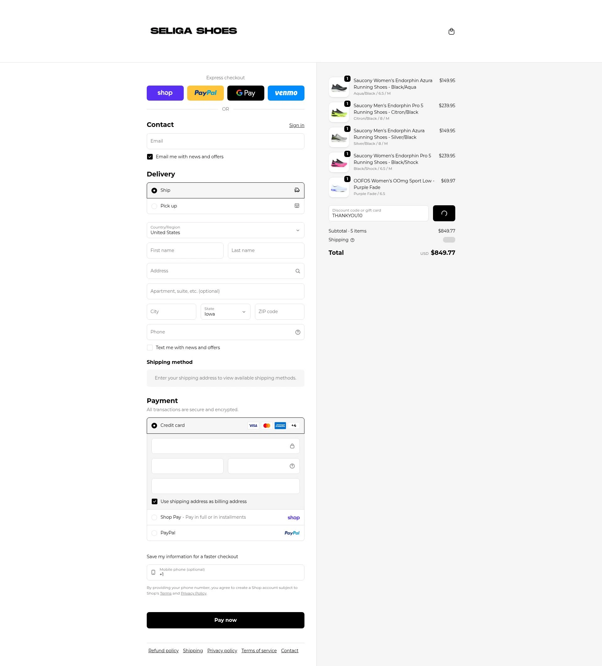 Seliga Shoes checkout page showing Seliga Shoes coupon code box | Screenshot taken by SimplyCodes community member on Feb 9, 2026