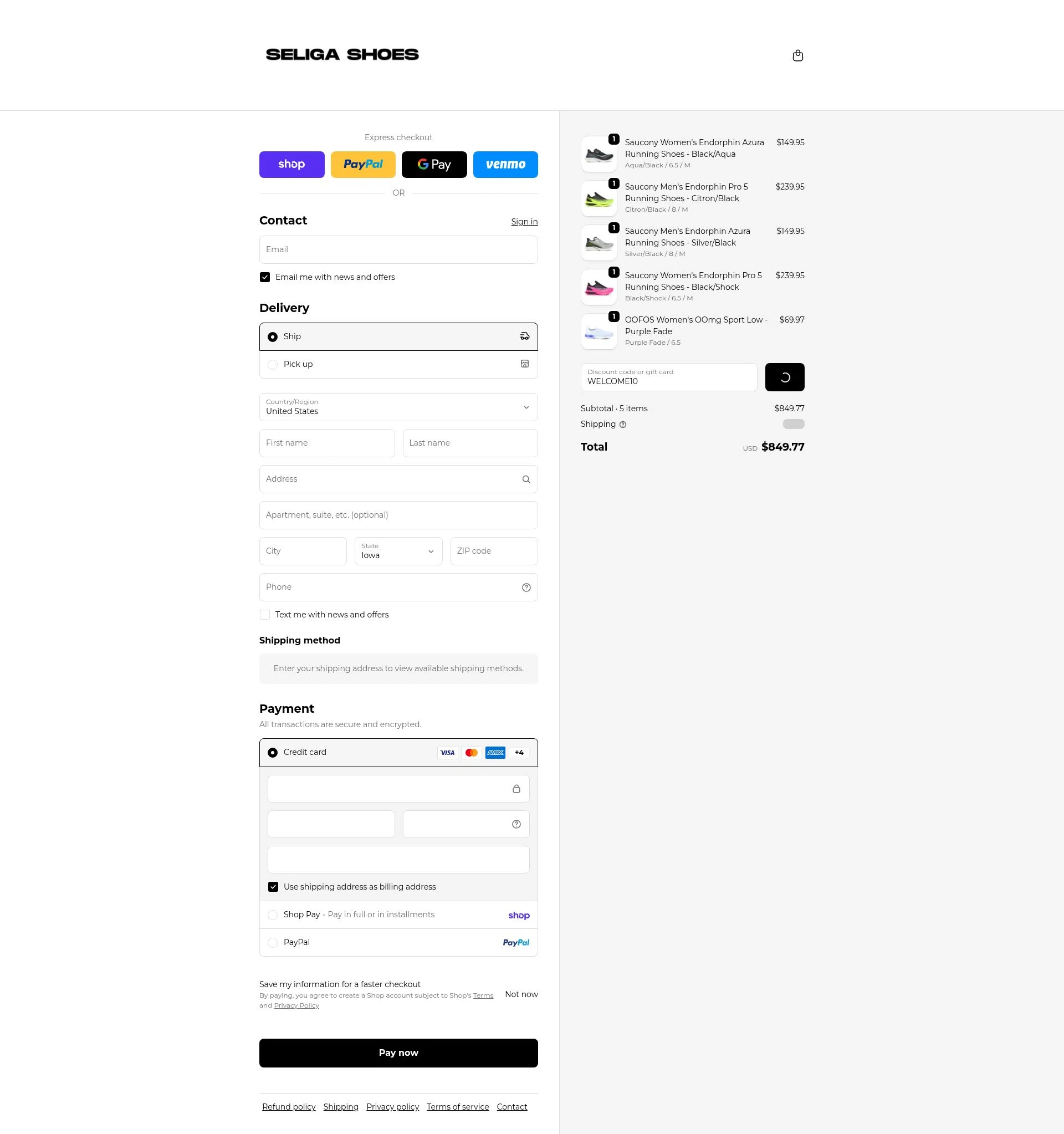 Seliga Shoes checkout page showing Seliga Shoes coupon code box | Screenshot taken by SimplyCodes community member on Feb 16, 2026