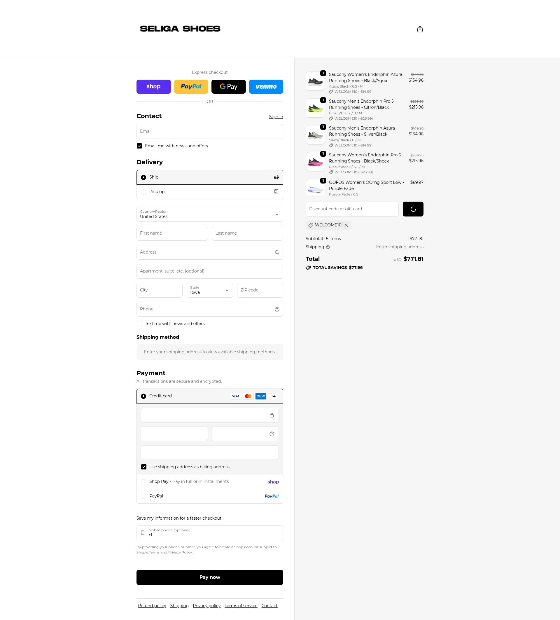 Seliga Shoes checkout page showing Seliga Shoes coupon code box | Screenshot taken by SimplyCodes community member on Feb 14, 2026
