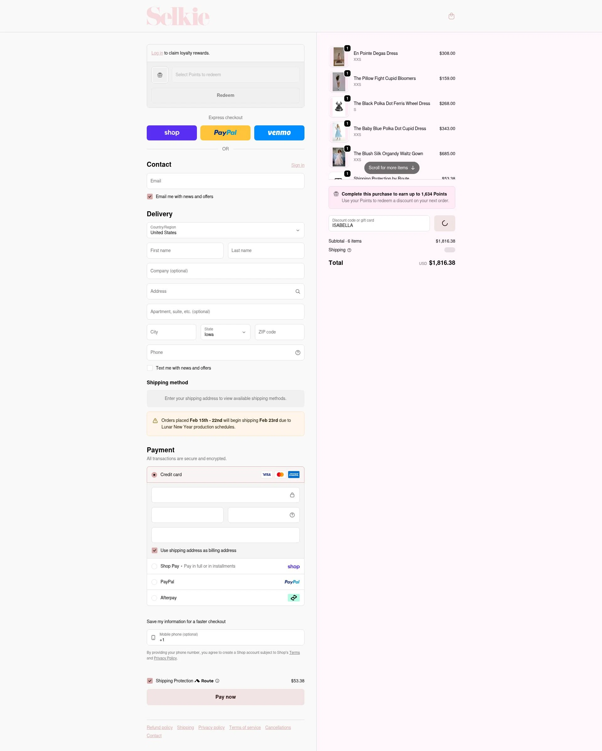 Selkie checkout page showing Selkie discount code box | Screenshot taken by SimplyCodes community member on Feb 19, 2026