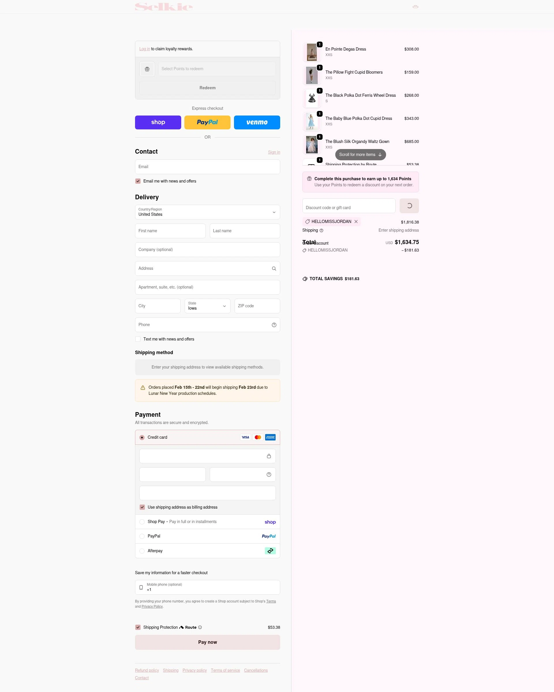 Selkie checkout page showing Selkie discount code box | Screenshot taken by SimplyCodes community member on Feb 19, 2026