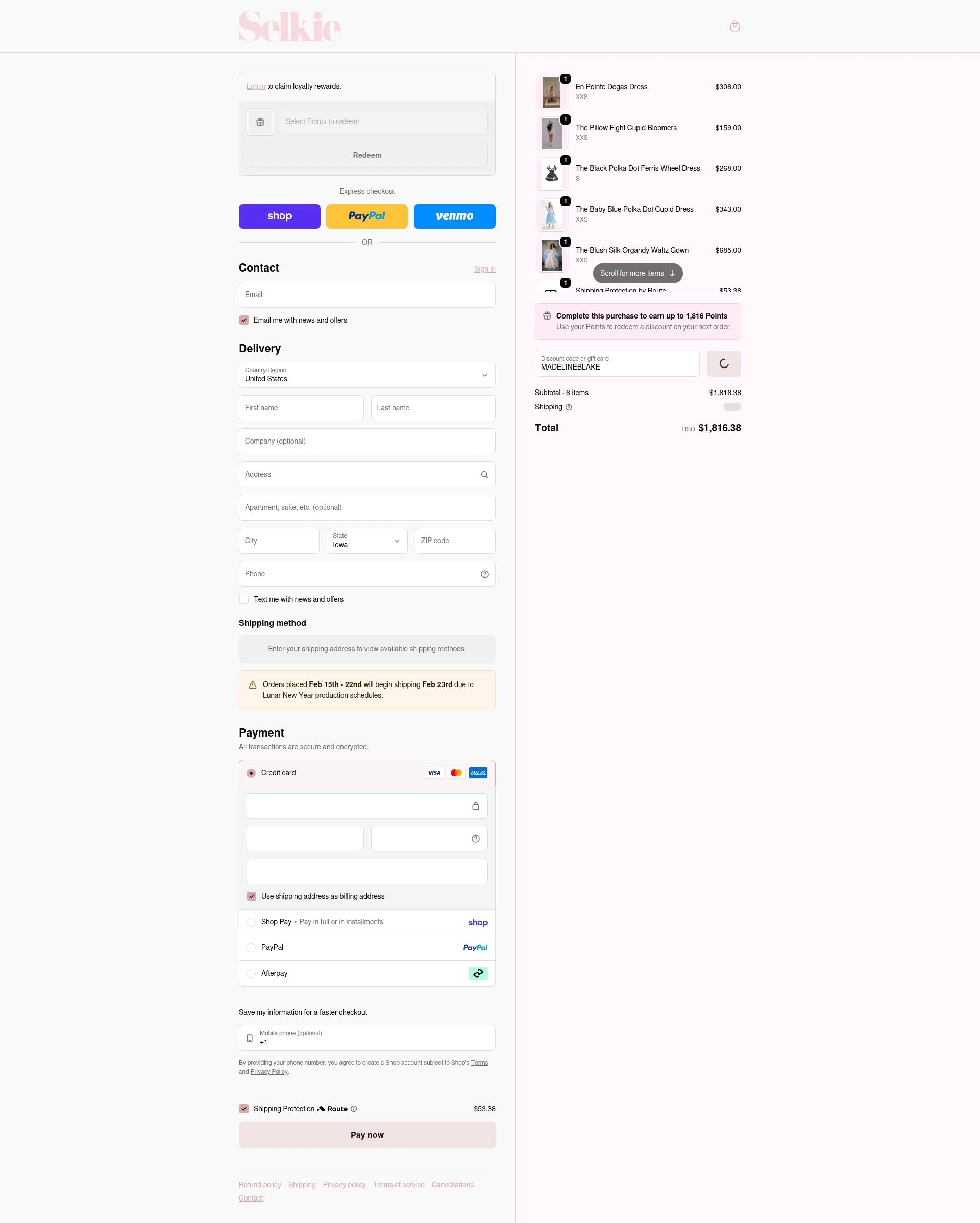 Selkie checkout page showing Selkie discount code box | Screenshot taken by SimplyCodes community member on Feb 19, 2026