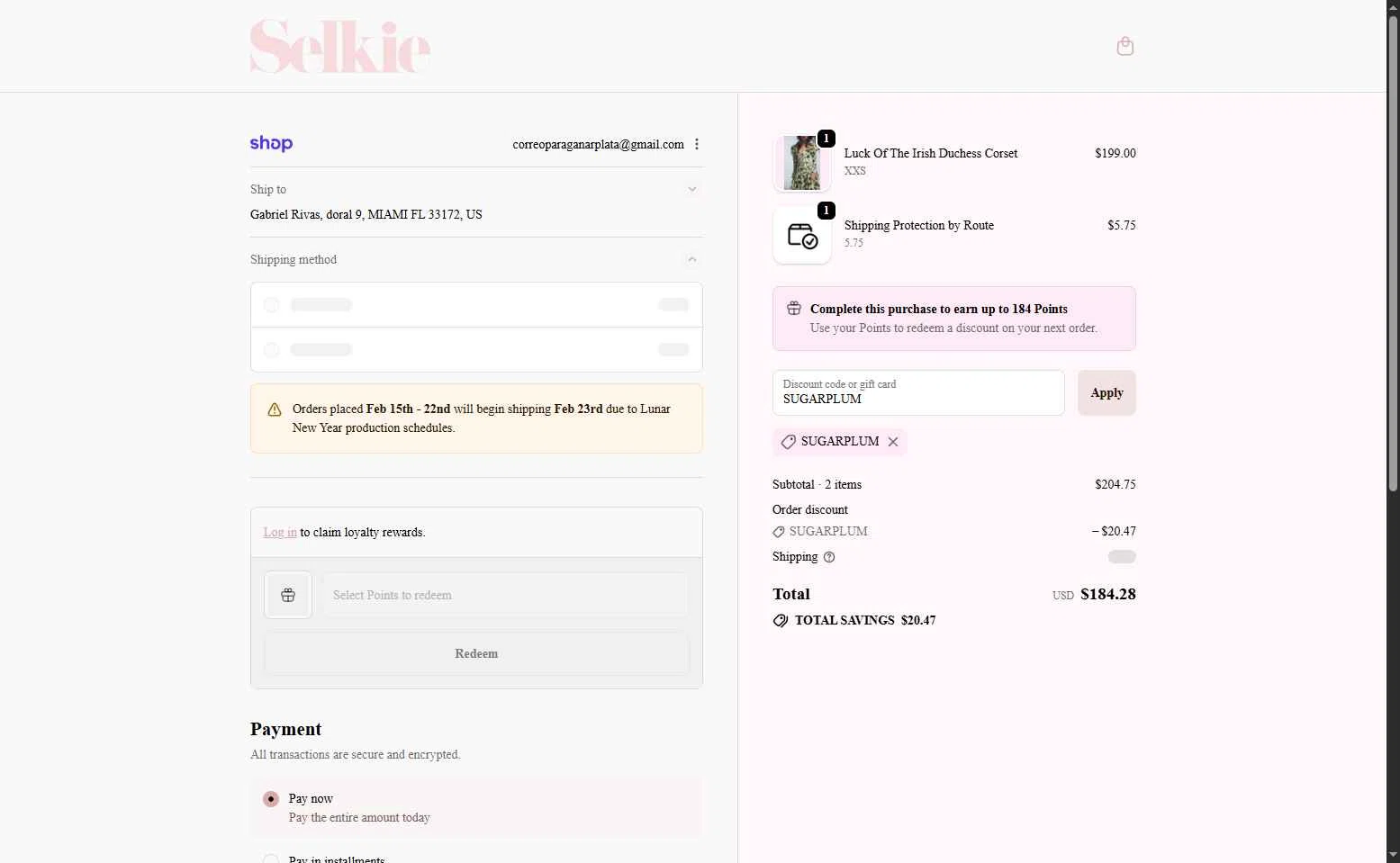 Selkie checkout page showing Selkie discount code box | Screenshot taken by SimplyCodes community member on Feb 19, 2026