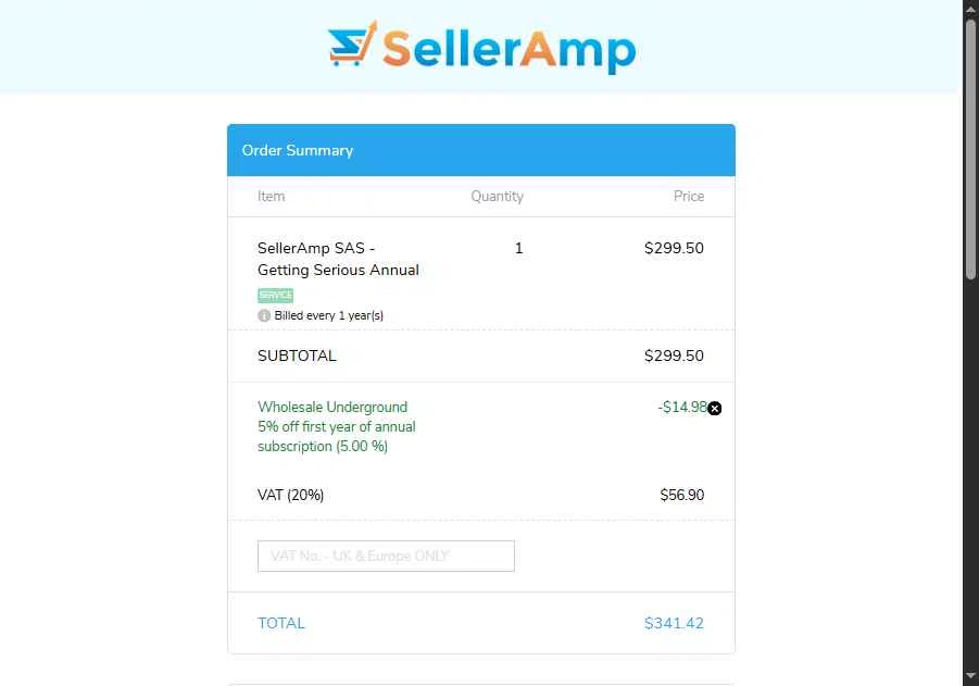 Seller Amp checkout page showing Seller Amp coupon code box | Screenshot taken by SimplyCodes community member on Feb 3, 2026