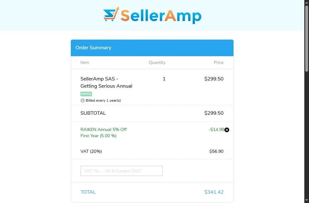 Seller Amp checkout page showing Seller Amp coupon code box | Screenshot taken by SimplyCodes community member on Jan 8, 2026