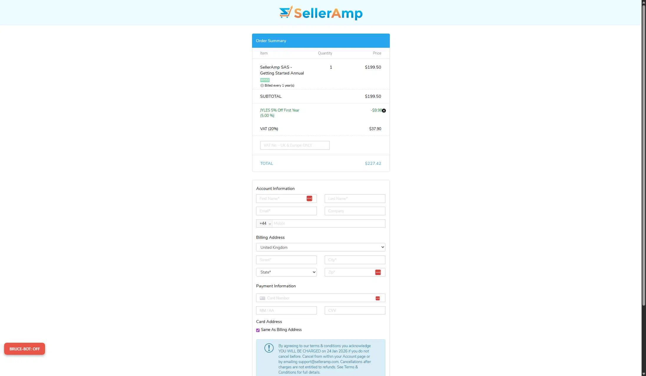 Seller Amp checkout page showing Seller Amp coupon code box | Screenshot taken by SimplyCodes community member on Jan 10, 2026
