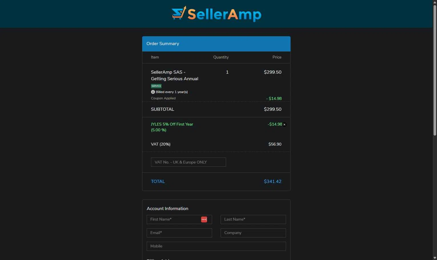 Seller Amp checkout page showing Seller Amp coupon code box | Screenshot taken by SimplyCodes community member on Dec 12, 2025