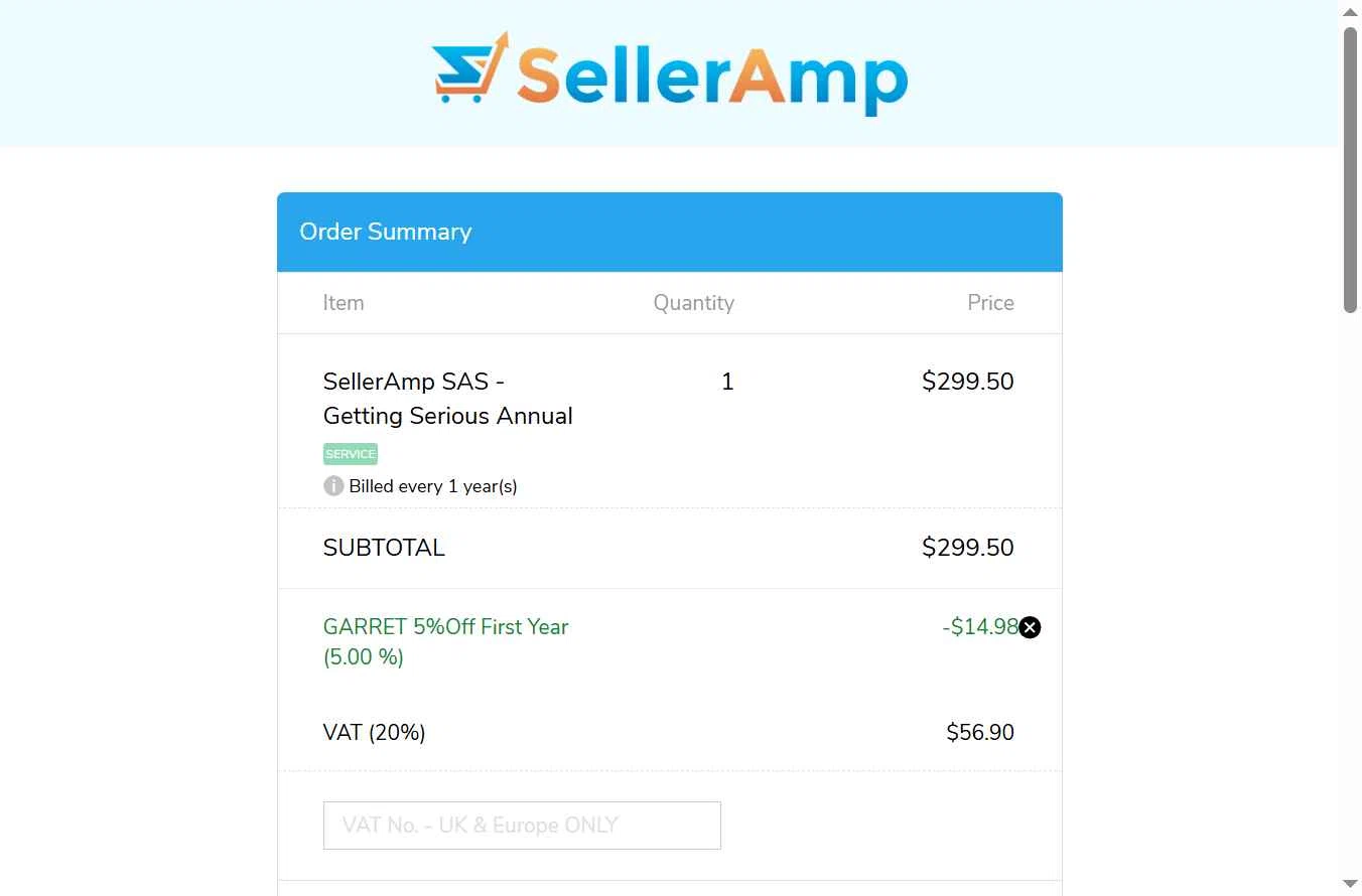 Seller Amp checkout page showing Seller Amp coupon code box | Screenshot taken by SimplyCodes community member on Jan 8, 2026
