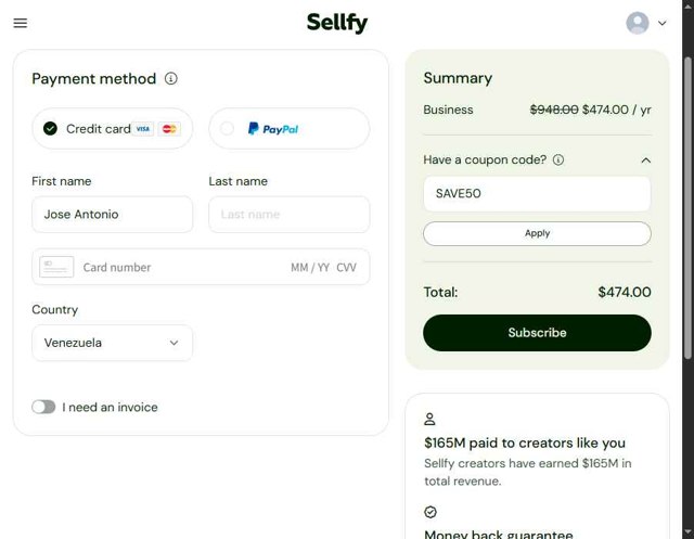 Sellfy checkout page showing Sellfy promo code box | Screenshot taken by SimplyCodes community member on Jul 12, 2025