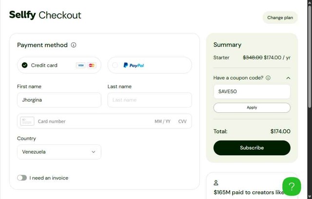 Sellfy checkout page showing Sellfy promo code box | Screenshot taken by SimplyCodes community member on Jun 16, 2025