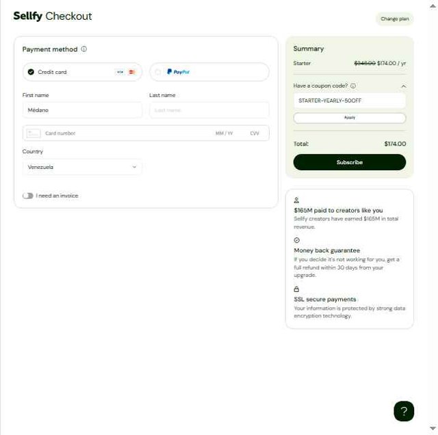 Sellfy checkout page showing Sellfy promo code box | Screenshot taken by SimplyCodes community member on Jul 30, 2025