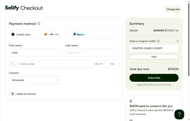 Sellfy checkout page showing Sellfy promo code box | Screenshot taken by SimplyCodes community member on Aug 28, 2025