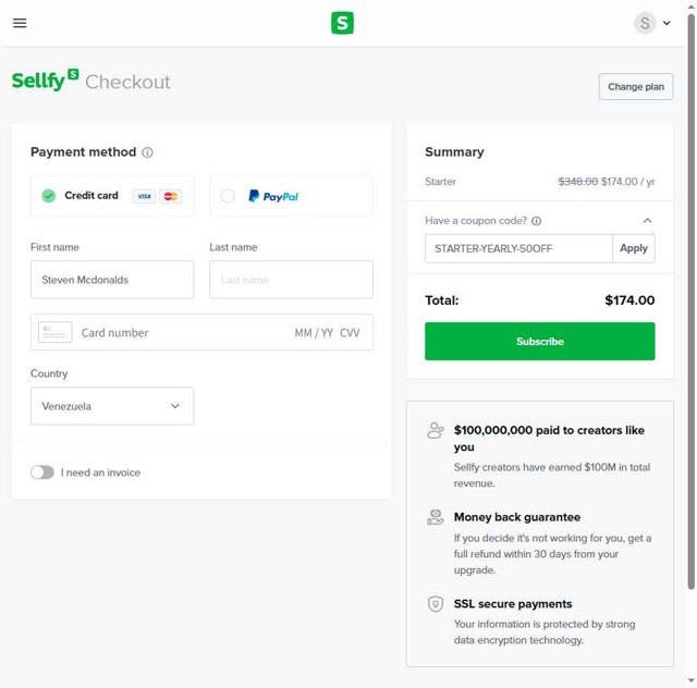 Sellfy checkout page showing Sellfy promo code box | Screenshot taken by SimplyCodes community member on Jun 2, 2025