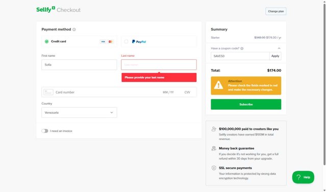 Sellfy checkout page showing Sellfy promo code box | Screenshot taken by SimplyCodes community member on May 31, 2025