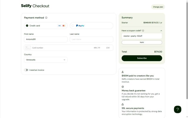 Sellfy checkout page showing Sellfy promo code box | Screenshot taken by SimplyCodes community member on Jul 1, 2025