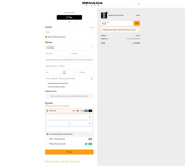 Senada Bikes checkout page showing Senada Bikes discount code box | Screenshot taken by SimplyCodes community member on Sep 8, 2025