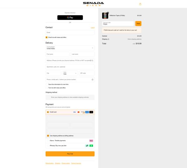 Senada Bikes checkout page showing Senada Bikes discount code box | Screenshot taken by SimplyCodes community member on Aug 30, 2025