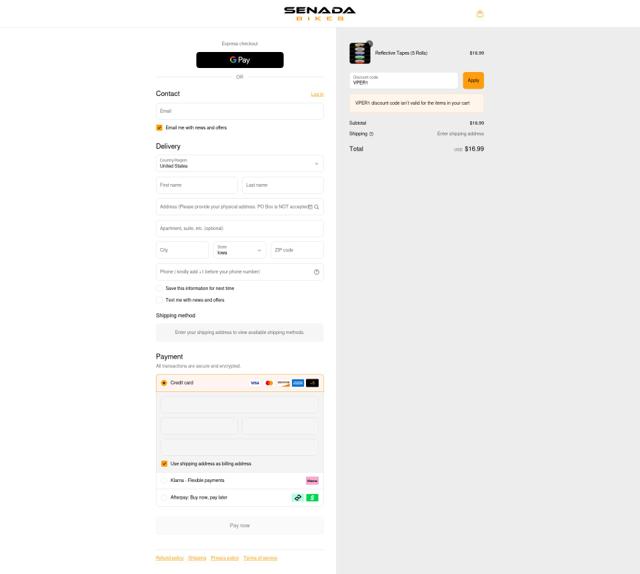 Senada Bikes checkout page showing Senada Bikes discount code box | Screenshot taken by SimplyCodes community member on Sep 3, 2025